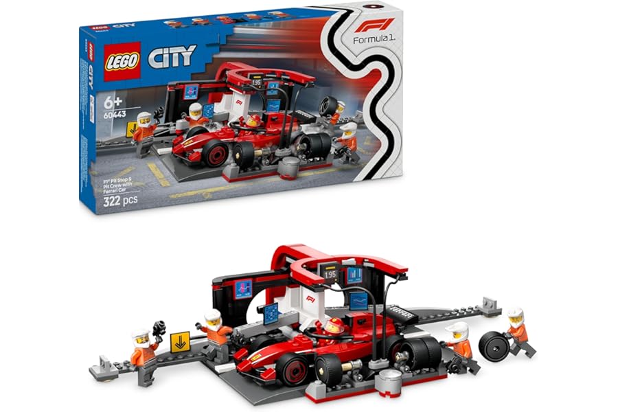 LEGO City Pit Stop and Mechanics with Single Seat Ferrari F1 – Workshop Kit to Build with Toy Car, Minifigures and Accessories, Games for Children from 6 Years Fans of Sports Racing Cars 60443
