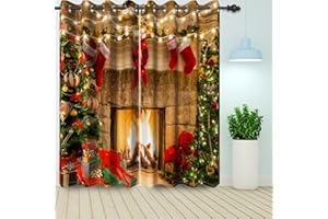 ‎BOVLLEETD Bovlleetd Weihnachten Kamin Fenster Vorhänge Xmas Baum Rot Weihnachten Socken Silvester Party Vorhang Baby Schlafzimmer Verdunkelung Fenster Vorhänge 2 Stück 140x225cm