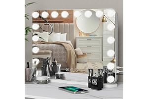 BLUEWOOD Hollywood Vanity Mirror with Lights, 80×60cm Larger Lighted Makeup Mirror with 18 Dimmable LED Bulbs, 3 Lighting Modes, Smart Touch Control, Tabletop and Wall Mounted for Bedroom, USB/Type C Output