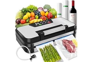XQDCZR 95kPa Vacuum Sealer Machine, 10-In-1 Multi Modes Vac Food Sealing System with Double Heat Seal with Built-in Cutter & Bag Storage, Easy-Lock Handle, Hose, 2 Bag Rolls, Durable Stainless Steel Design
