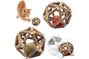 Hioph 2 Pcs Cat Toy Interactive Catnip Balls, Natural Teeth Grinding Chew Mint Ball for Cat, Pet Chasing Wood Rolling Bell Toy