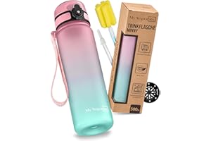 My Vesperbox Minny – butelka na napoje dla dzieci, zabezpieczona przed wyciekiem, 500 ml, ze słomką lub sitkiem, lekka butelka na wodę z tritanu, bez BPA, do przedszkola, szkoły (różowo-turkusowa, 500