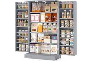 TANGZON Kitchen Cupboard, Kitchen Pantry Cabinet with Doors & Adjustable Shelves, Space Saving Larder Storage Cupboard Organiser for Dining Room Living Room Entryway (Grey, 59 x 30 x 104cm)