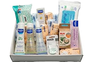 MOMENTOSGOURMET Canastilla Bebé Recién Nacido Cesta Regalo Unisex Niño Niña Kit Higiene Completo con Gel Champú Colonia Toallitas Pañales Chupetes y Broche Pack Bebé Recién Nacido Baby Shower Bautizo Mamás Primerizas