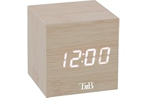 T'nB - Réveil Numérique Cube, Alimentation Filaire sur Secteur, 3 Alarmes Programmables, Activation Tactile ou Vocale, Affichage Heure, Date, Température, Luminosité Réglable - Couleur Bois