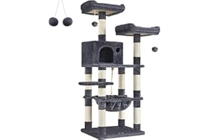 Feandrea Árbol para Gatos de Altura 143 cm, Torre para Gatos, con 11 Postes Rascadores, 2 Plataformas, 1 Cueva, 1 Hamaca, 2 Pompones, Tela de Felpa, Multinivel, Gris Ahumado PCT15GYZ