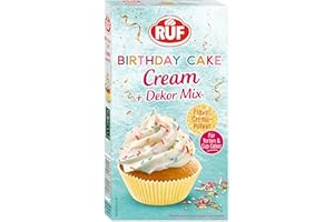 ‎RUF RUF Birthday Cake Cream, Cream-Pulver für eine lockere Torten-Creme in Geburtstags-Kuchen mit Vanille-Karamell-Geschmack & buntem Dekor-Mix, 1 x 110g