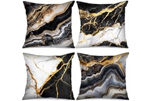 TUCOCOO Zestaw 4 poszewek na poduszkę, czarno-białe poszewki z marmurowym wzorem ze złotymi żyłkami, czarna błyszcząca poduszka na kanapę, sofę, do domu, biura, abstrakcyjny wzór, na prezent (45 x 45 cm)