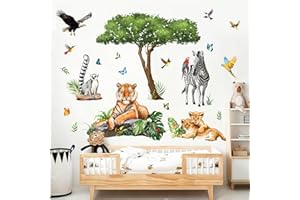 Supzone Large Safari Animals Wall Stickers XXL Jungle Tree Tiger Leopard Zebra Wildlife Wall Decals Boy Baby Nursery Kids Bedroom Playroom Decor