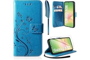 AROYI Etui kompatybilne z Samsung Galaxy A56 5G i osłoną ekranu, wytłaczany rysunek etui typu portfel składany stojak gniazda kart magnetycznych etui, niebieski