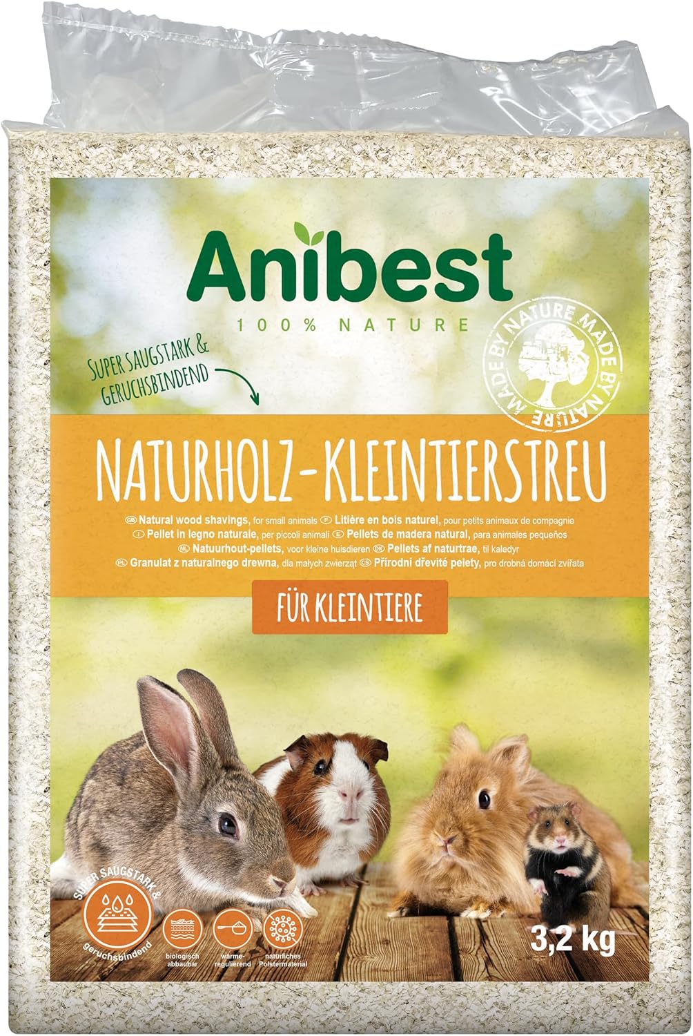 Cat's Best Anibest Litière 100% naturelle pour lapins, hamsters, cochons d'Inde et autres copeaux de bois tendre absorbants sans poussière et anti-odeurs 3,2 kg/60 l