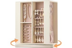 pickpiff Jewelry Box Organizer for Women: 360 Rotating Vertical Storage Case, White Leather with Blush Velvet, Ring Necklace Bracelet Holder, Gift Decor, 10 x 8.7 x 3.9 in
