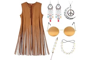 Puddry Disfraz Hippie Mujer, Disfraz Años 70 60 Mujer, Chaleco Hippie Mujer, Disfraz Mujer Carnaval Accesorios, Disfraz de Halloween, Disfraces Originales Carnaval