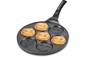 Nonstick Pancake Pan, Smiley Face Pancake Frying Pan, 7 Holes Mini Pancake Breakfast Crepe Maker for Kids - Black (Black)