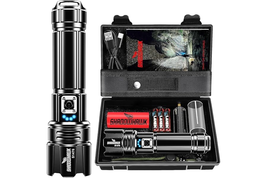 Produktabbildung zu Shadowhawk Taschenlampe Led 500,000 Lumen, Extrem Hell Taschenlampe USB Aufladbar Taktische Taschenlampen Mit holster XHP70.2, IP67 Wasserdicht 5 Lichtmodi für Camping Wandern Notfälle