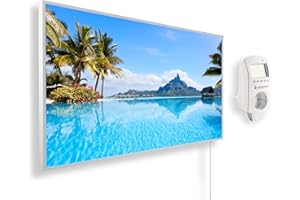 Könighaus Chauffage d’appoint infrarouge avec photo - 600 W + Smart Thermostat connecté & appli Könighaus - Chauffage mural infrarouge économe avec motif - Cadre blanc (01. Île de Bora Bora)