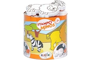 Aladine - 10 Tampons Animaux de la Savane avec Encreur - Tampons Enfant dès 3 ans - Stampominos - Encre Lavable - Lion Girafe Élephant, Activité Enfant Dessin Garçon Fille - Idée Cadeau - 85100