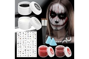 FFTANXS 50g Body Painting Colori Bianco+Nero+Rosso,22 Pcs Body paintingCerone Bianco Nero Con 4 Spazzole,2 spugne,12 Adesivi,Non tossico,Cerone Bianco Nero Make Up Viso Per Viso e Corpo,Per Halloween,Cosplay