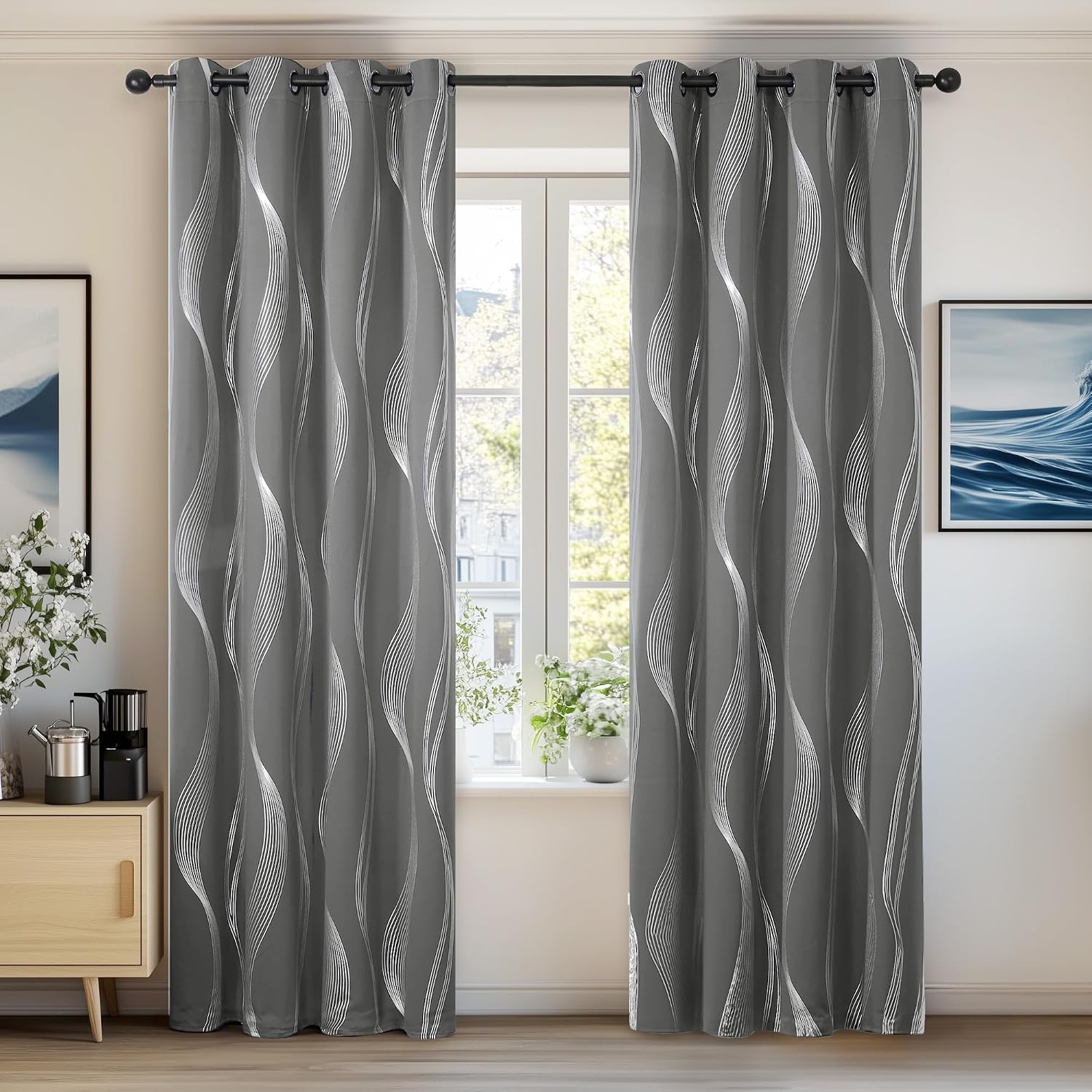 Deconovo Blackout Curtains for Living Room 52 x 84 Inch, Eyelet Curtains Thermal Insulated Silver Wave Line Foil Printed Curtains, Light Grey, 2 Panels