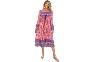 R.Vivimos Women's Casual Bohemian Print Neck Tie Long Sleeve Beach Style Long Midi Dress Vacation Dress