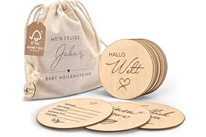Holz Meilensteinkarten Baby auf deutsch - 30 Meilensteine auf edlen Holzscheiben als Geschenk zur Geburt/zur Babyparty für Schwangere, werdende Mütter, werdende Eltern.