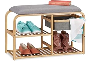 ‎RELAXDAYS Relaxdays Ławka na buty z siedziskiem, wyściełana, korytarz i garderoba, wąska, bambusowa ławka do siedzenia wys. x szer. x gł.: 45x69x30 cm, szara/naturalna