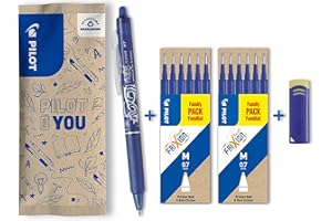 Pilot - 1 FriXion Ball Clicker Bleu + 2 Sets de 6 recharges + Gomme - Encre Gel Effaçable - Stylo Roller Rechargeable, Rétractable et Ergonomique - Pointe moyenne