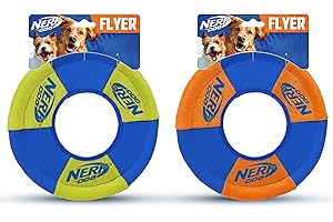 Nerf Dog Toss and Tug Ring zabawka dla psa, latający dysk, lekka, trwała i wodoodporna, średnica 22 cm, dla ras średnich/średnich, dwupak, zielony i pomarańczowy