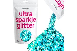 Hemway Premium Ultra Sparkle Glitter Multi Purpose Metallic Flake for Arts Crafts Nails Cosmetics Resin Festival Face Hair - Turquoise Blue Holographic - Super Chunky (1/8" 0.125" 3mm) 100g / 3.5oz