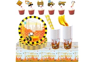 Lunriwis 89 Stück Baustelle Geburtstag Partygeschirr, Baustelle Dekoration Geschirr, Bagger Partygeschirr mit Tischdecke, Bagger Geburtstagsdeko für Junge Geburtstag Dekoration, für 16 Personen