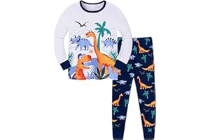 TCWWBB Kinder Schlafanzug Jungen Langarm Zweiteilig Pyjama Set Dinosaurier Bagger Moster Truck Baumwolle Winter Schlafanzüge Nachtwäsche Größe 2-8 Jahre 98 104 110 116 122 128