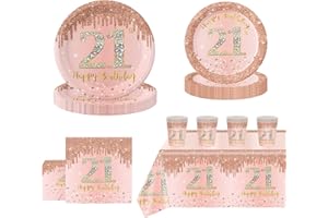 POPOYU 69Pcs Rose Gold 21st Birthday Party Tableware 16 Guests,21st Rose Gold Party Paper Plates Tablecloth Paper Cups and Napkins Tableware Set Her Birthday Gifts Party Supplies Table Decorations
