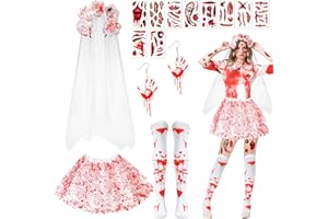 Beipegin Déguisement Mariée Halloween Voile Mariée Jupe Tutu Bas Ttatouage Cicatrice Boucles d'oreilles Déguisement Zombie Déguisement Halloween Femme
