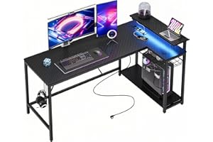 Bestier Escritorio para juego en forma de L de 147 cm con luces LED y tomas de corriente, escritorio esquinero reversible para oficina en casa con estantes,estación de trabajo para PC más grande,negro