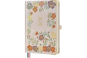 BEZEND Agenda 2026 Giornaliera A5 21,5 x 14,5 cm, 1 Giorno 1 Pagina da Gen a Dic 2026 con Tag Mensili, Portapenne, Carta Spessa da 80 GSM, Copertina Rigida - Flowers