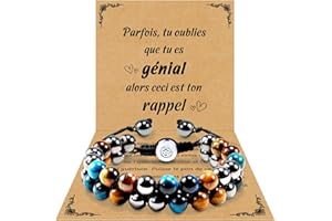 VGWON Bracelet pour Homme, Triple Protection 8 mm Noir Bleu Hématite Pierre Naturelle Perle Bracelet Oeil de Tigre Bracelet Guérison Cadeau pour Homme