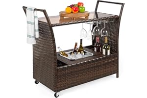 AZRBOPO Outdoor Patio Furniture Rattan Trolley Cart Patio Wine Serving Cart Outdoor Beverage Refrigerated Bar Cart With Wheels & Removable Ice Bucket For Home, Living Room, Club(Mix Brown)