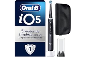 Oral-B iO 5 Cepillo De Dientes Eléctrico Negro Con 1 Cabezal, 1 Funda Magnética y 1 Soporte de Recambios, 5 Modos De Cepillado, Sensor De Presión y Temporizador, Diseñado Por Braun