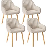 Goeurvant Dining Chair with Armrests, Set of 4, Wooden Legs, Upholstered Chair, Kitchen and Living Room Chairs, Beige