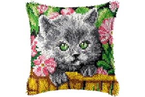 ROCKY&CHAO Kit de crochets à loquet 43 x 43 cm, motif chat mignon, taie d'oreiller à faire soi-même, pour débutants, enfants et adultes, décoration d'intérieur