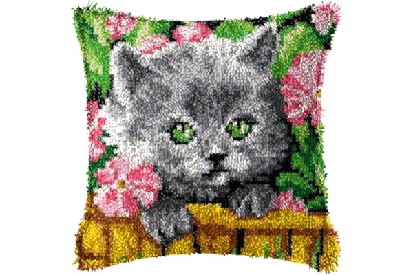 ROCKY&CHAO Kit de crochet : housse de coussin à faire soi-même avec motif chat mignon 43 x 43 cm, artisanat au crochet pour débutants, enfants et adultes, décoration d'intérieur faite à la main