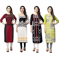 1 Stop Fashion Women's Multi-Coloured Crep Knee Long W Style Kurtas/Kurti (Pack of 4)