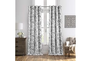 Elrene Home Fashions Avalon Fenstervorhang, modernes Cottage, von der Natur inspiriert, botanisches Blumenmuster, Verdunkelungsvorhang, Leinen-Mischgewebe, 132,1 x 241,3 cm, Grau