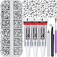 Audab B7000 Jewelry Adhesive Glue with Glass Rhinestones for Crafts, 2100Pcs Flat Back Gems Crystal Not Resin Rhinestones with Tweezer Clear Glue for DIY Clothes Fabric Shoes Jewelry Making Nail Art