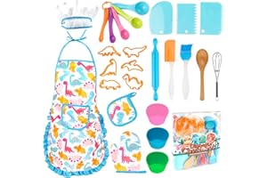 KAEGREEL Kids Baking Chef Set with Dinosaur Apron, 26pcs Kitchen Toys Kid Cooking Set with Chef Hat Spoons Whisk, Chef Dress Up Role Play Gifts for Boys Girls 3 4 5 6 7 Years Old, Blue