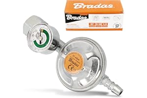 INSTALGURU BRADAS® Regolatore gas con valvola di sicurezza e manometro, 37 mBar Campeggio propano butano | 1,5 kg/h riduttore di pressione gas regolatore di pressione del gas, regolatore di pressione del gas,