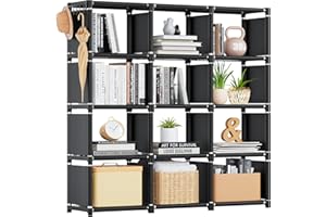 Tienily Book Shelf, Cube Storage Organizer, DIY Bookcase, Portable Metal Bookshelf, Tall Book case for Bedroom, Living Room, Study Room, Office, Closet, Black Cubicle Rack (Black, 12-Grid)