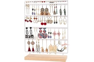 QILICZ Porte-bijoux, à 100 trous, organisateur de boucles d'oreilles, en métal, à 5 niveaux avec base en bois, 35 x 27 cm, pour le rangement, blanc …