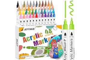 JEFFNIUB Pennarelli Acrilici Permanenti 48 Colori per Dipingere Sassi, Legno, Tessuti, Vetro, Plastica Pennarelli Acrilici Punta Grossa- Sottile Professionali Art Maker(0.5-5mm)