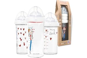 LE BIBERON FRANÇAIS Set mit 3 Premium-Anti-Kolik-Fläschchen - 360ml, 210ml mit breitem Hals - Silikonsauger mit 3 Durchflussstufen, 0-6 Monate und mehr - Mischfütterung für Neugeborene Mädchen - BPA BPS BPF frei